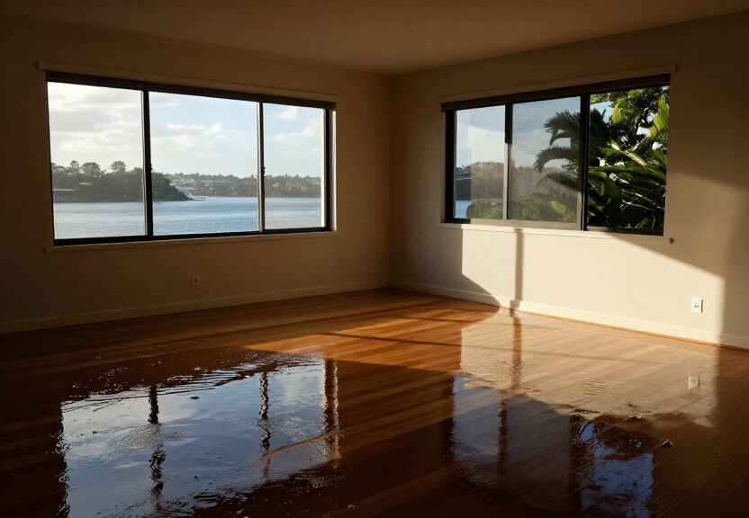Flooded living room in North Manly home before restoration